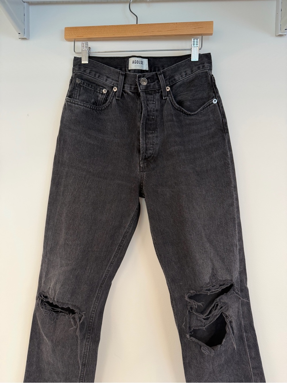 Agolde Black Straight High-Rise Jeans with Knee Rips